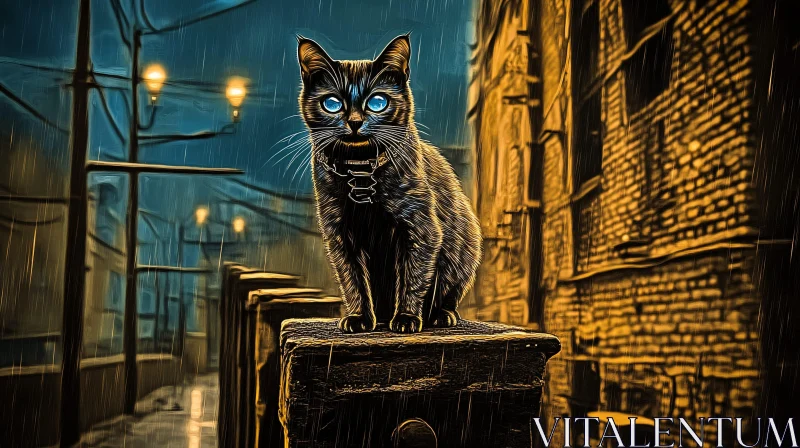 AI ART Enigmatic Cat in Rainy Nightscape