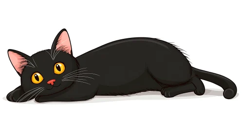 Black Cat Contentedly Lying Down Cartoon Art