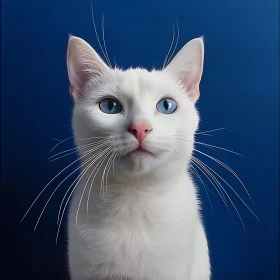 Portrait of White Cat with Striking Blue Eyes