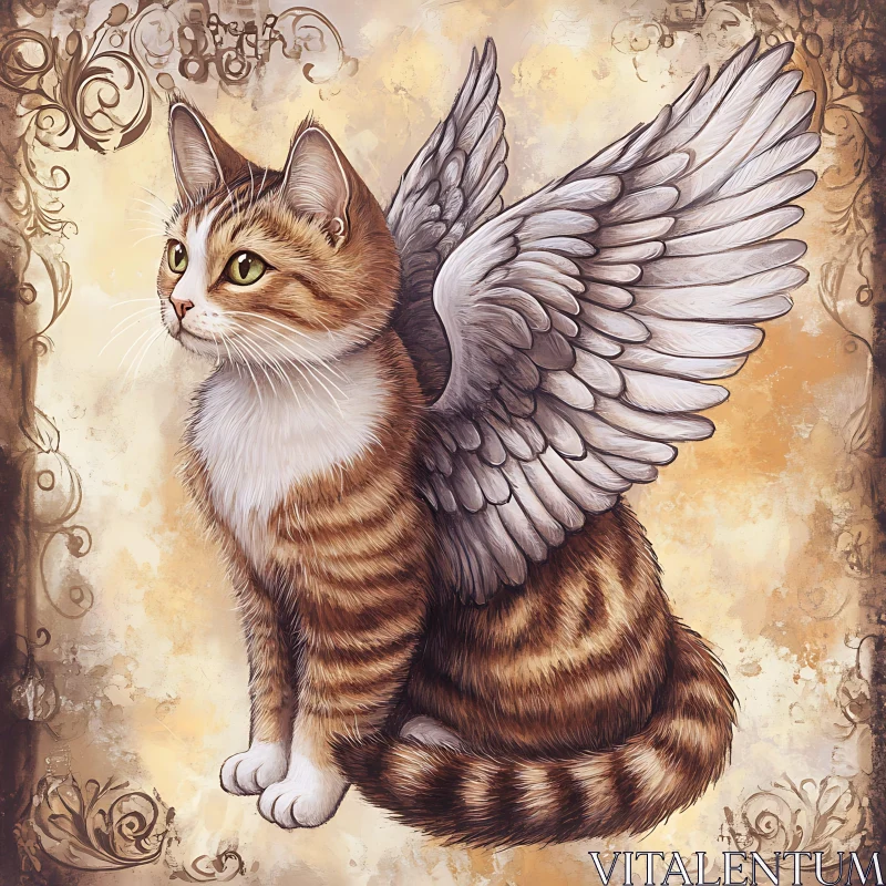 Illustrative Angelic Cat with Feathery Wings AI Image