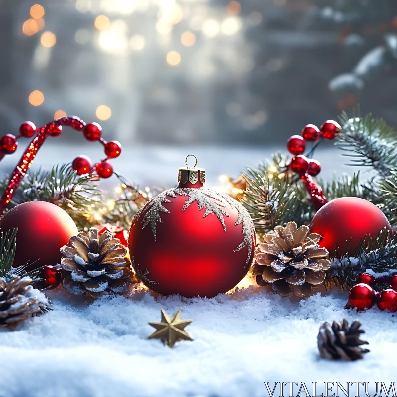 Christmas Scene with Baubles, Pinecones, and Snow AI Image