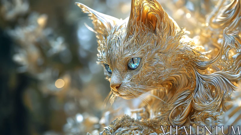 Golden Fantasy Cat with Blue Eyes AI Image