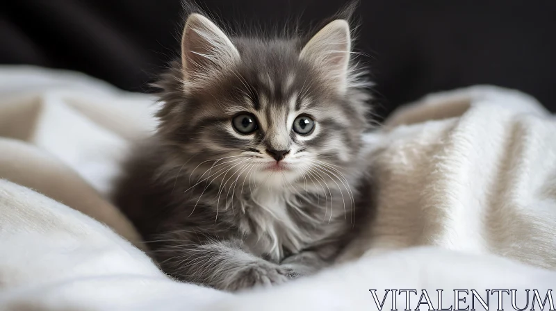 Cute Gray Kitten with Expressive Eyes on White Blanket AI Image