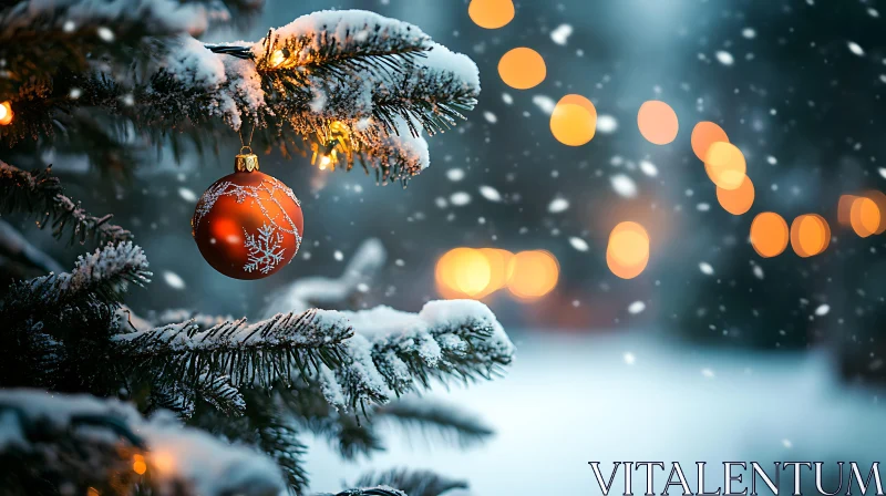 Serene Holiday Atmosphere with Snow and Festive Lights AI Image