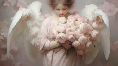 Angel with Pink Roses Painting