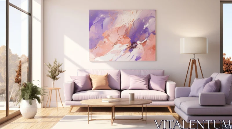 AI ART Bright Living Room Interior with Pink Sofa and Abstract Painting