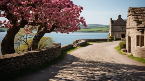Charming Idyllic Rural Scene with Pink Tree and Stone Pathway