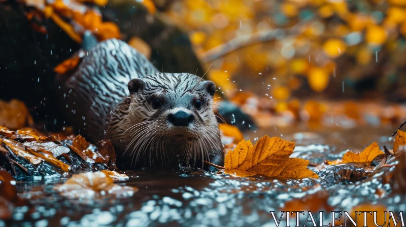 Close-up of a Wild Otter in a Stream Surrounded by Fallen Leaves AI Image