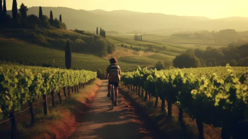Cyclist Riding a Bike Through Vineyard Fields in Tuscany - Atmospheric and Romantic Artwork