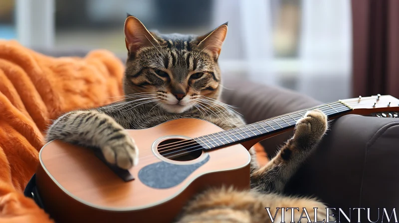 Musical Feline Relaxing Indoors AI Image