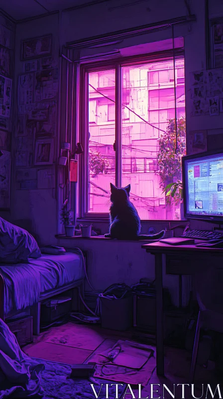 AI ART Purple-Lit Urban Bedroom with Cat