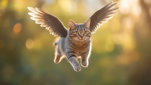 Winged Cat Soaring Through a Sunlit Forest