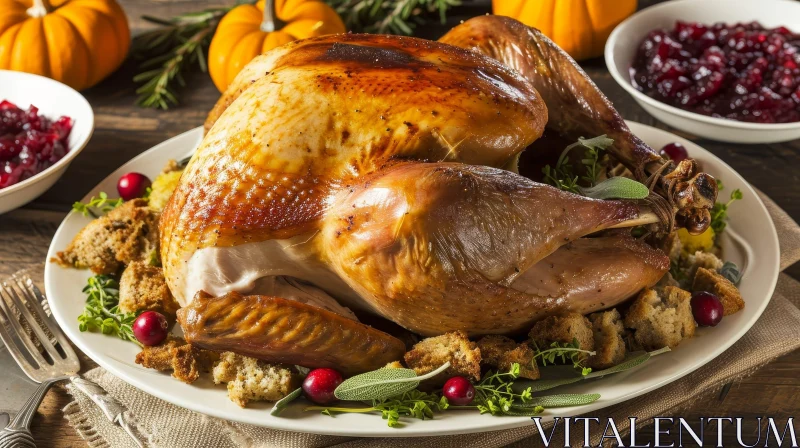 Delicious Roasted Thanksgiving Turkey with Stuffing and Cranberries AI Image