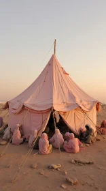 Desert Dwelling: A Gathering in a Pink Tent Amidst Dusty Piles