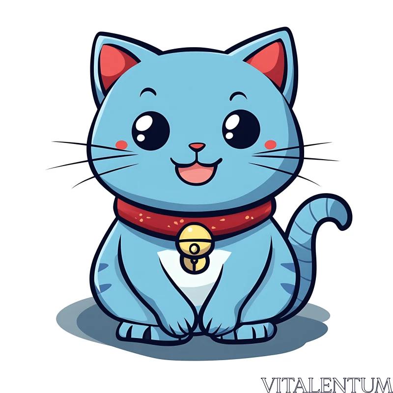 Playful Blue Cat with Red Collar Cartoon Art AI Image