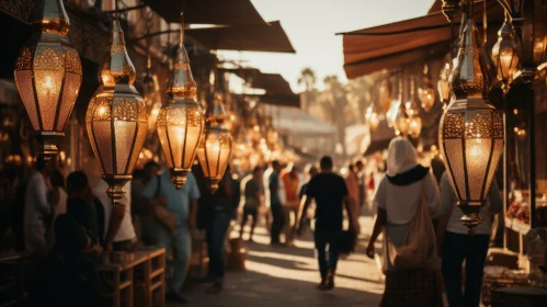 Enchanting Market Scene in Morocco: Shady Lamps and Wandering People
