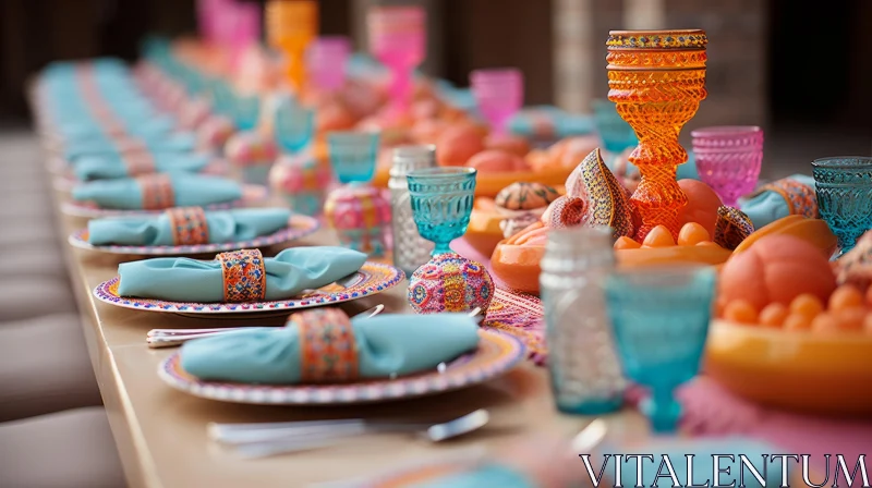 Extravagant Table Setting with Colorful Dishes and Cultural Fusion AI Image