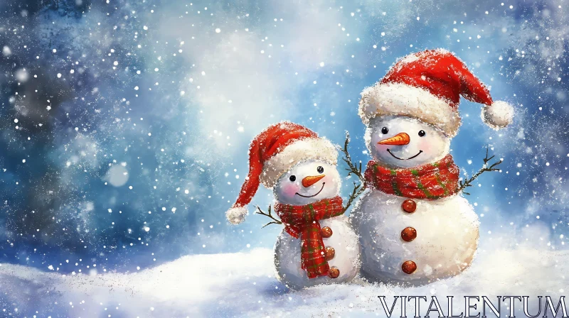 Joyous Snowmen Under Falling Snowflakes AI Image