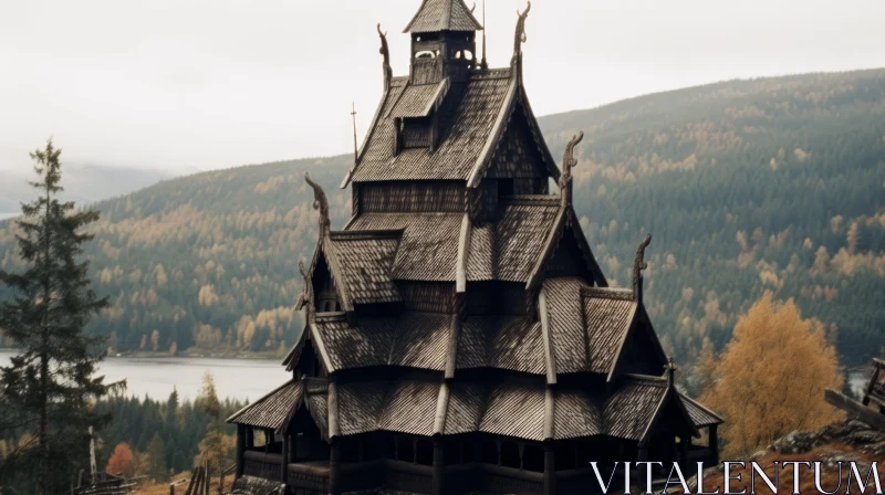 Gothic Dark Wooden Viking House near Lake | Religious Themes AI Image