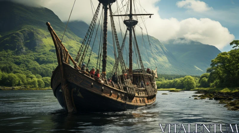 Majestic Sailing Ship in Scotland: Captivating Epic Fantasy Scene AI Image