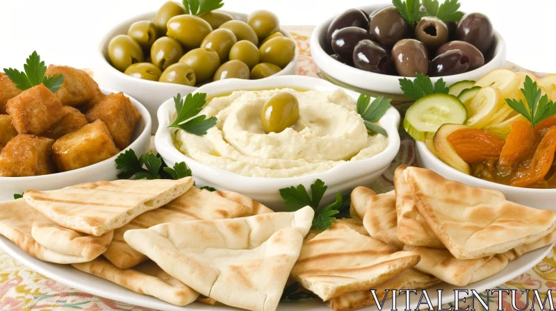 Mediterranean Appetizers Platter with Olives, Hummus, and Pickled Vegetables AI Image