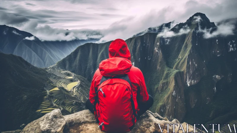 Mysterious Mountain View in Peru - Captivating Red Jacket Adventurer AI Image