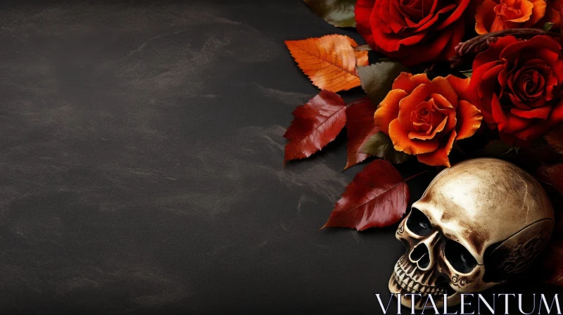 Mysterious Skull with Red Roses on Dark Background AI Image