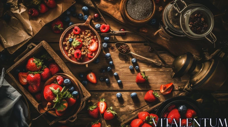 AI ART Rustic Breakfast Table with Yogurt, Berries, and Coffee