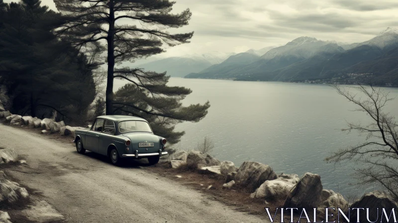 Tranquil Lake Scene with an Old Car - Captivating Nature Art AI Image