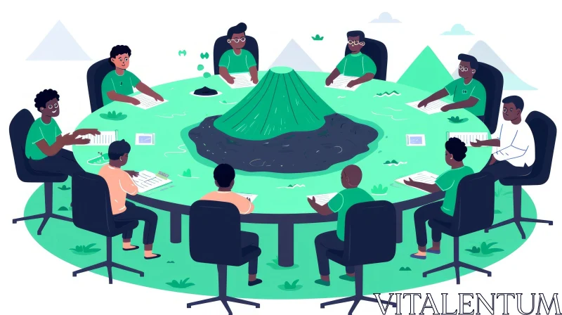 AI ART Workers Meeting with Volcano and Green Moss - Graphic Design-inspired Illustration