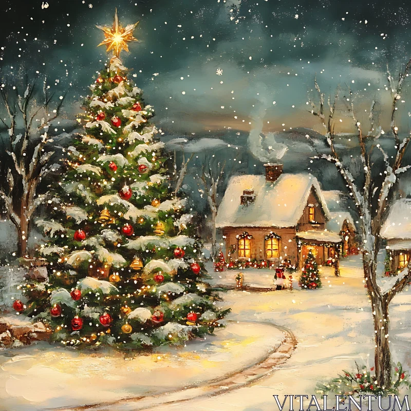 Cozy Winter Cottage with Christmas Tree AI Image