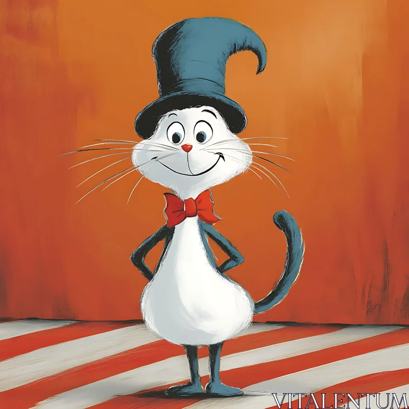 Confident Cartoon Cat with Hat and Bow Tie AI Image