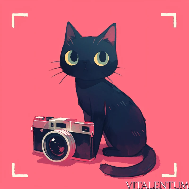 Adorable Black Cat Illustrated with Vintage Camera AI Image