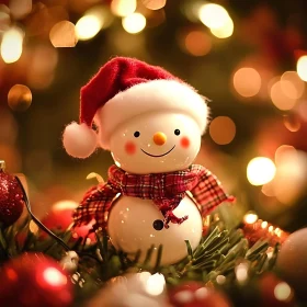 Festive Snowman with Santa Hat and Warm Lights