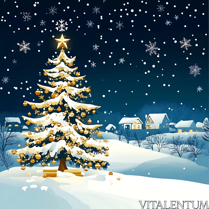 Serene Winter Wonderland with Illuminated Tree and Village AI Image