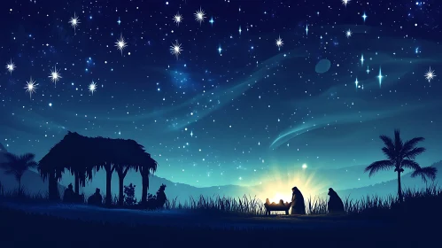 Silhouette of Nativity Under Starry Sky