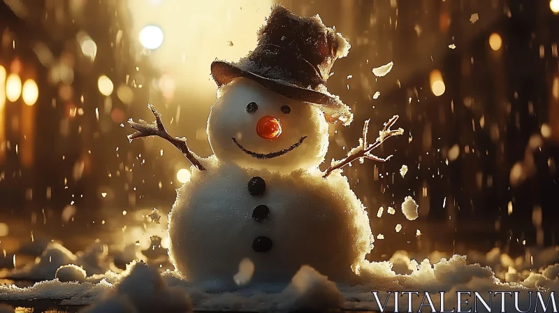 Festive Snowman Amid Falling Snow AI Image