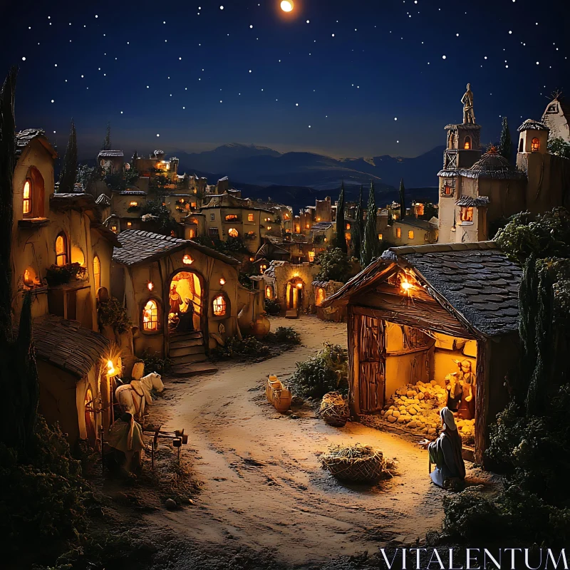 Charming Christmas Nativity Scene in a Night Village AI Image