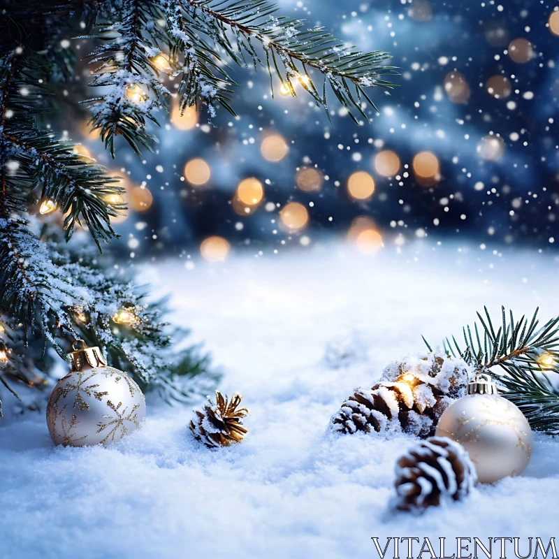 Festive Winter Landscape with Snow and Lights AI Image