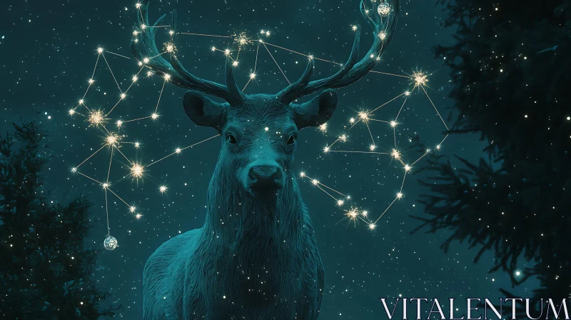 Enchanted Deer Amidst Starry Constellations in Night Forest AI Image