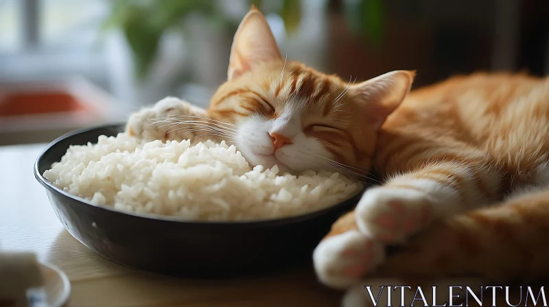 Cute Cat Resting on Rice Bowl AI Image