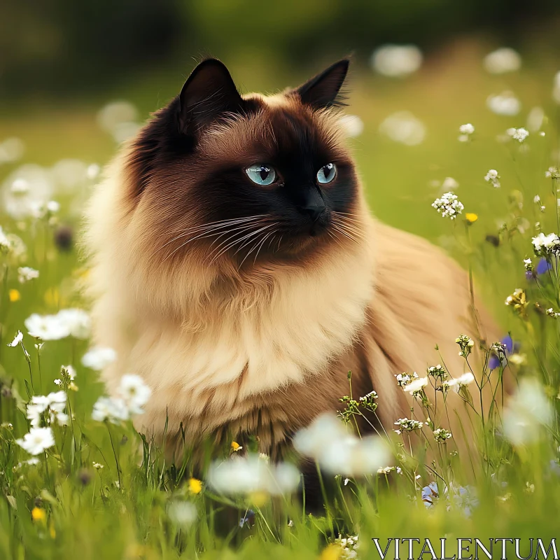 Blue-Eyed Cat Amidst Blooming Wildflowers AI Image