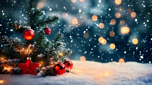 Snow-Covered Christmas Tree and Twinkling Lights