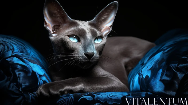 Black Oriental Shorthair Cat with Blue Eyes Portrait AI Image