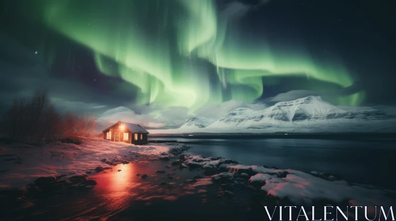 Captivating Cabin with Green Aurora Lights over Snowy Landscape AI Image