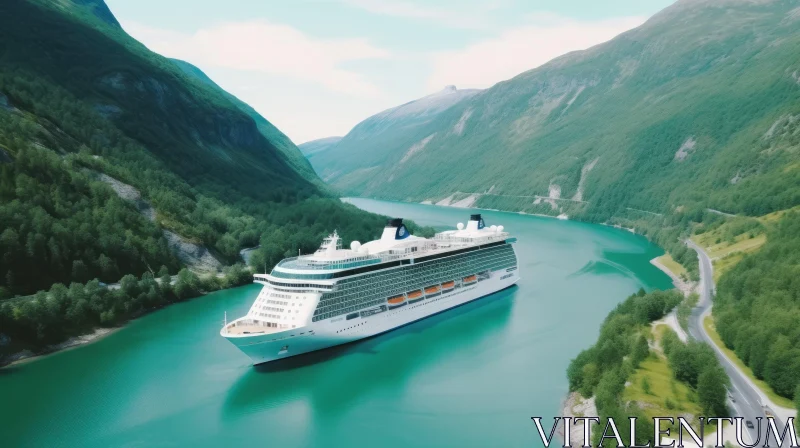 Captivating Cruise Ship Journey: Serene River, Majestic Mountains AI Image