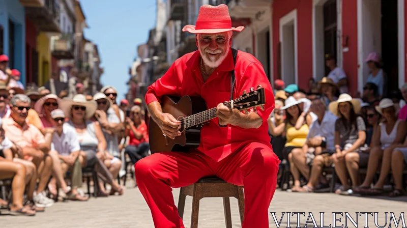 Captivating Street Scene: Man Playing Guitar in Vibrant Red Attire AI Image