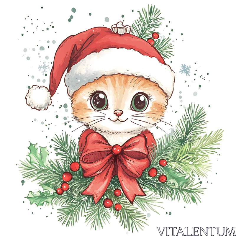 Festive Illustration of a Christmas Cat AI Image