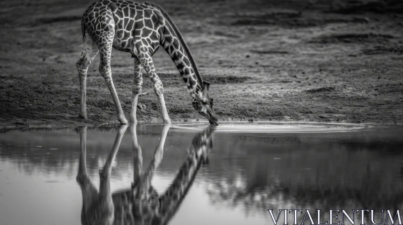 Majestic Giraffe Drinking from Waterhole - Black and White Photograph AI Image