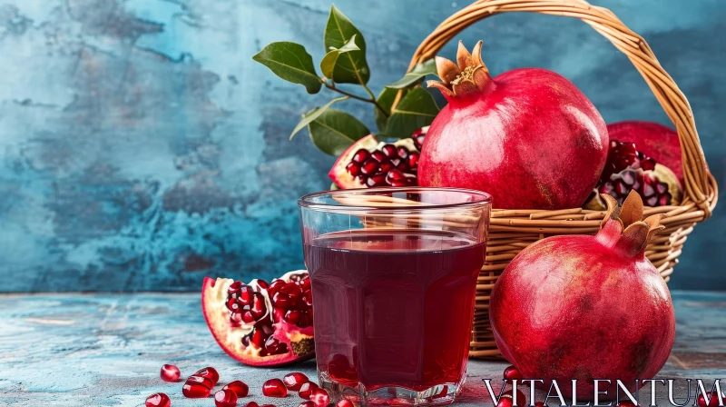Ripe Red Pomegranate Fruit in Wicker Basket with Glass of Juice AI Image